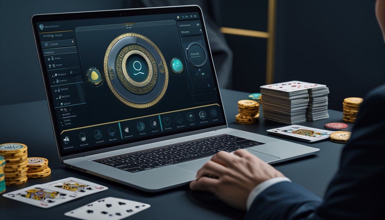 Meja kerja modern dengan laptop, kartu baccarat, koin permainan, serta simbol keamanan digital.