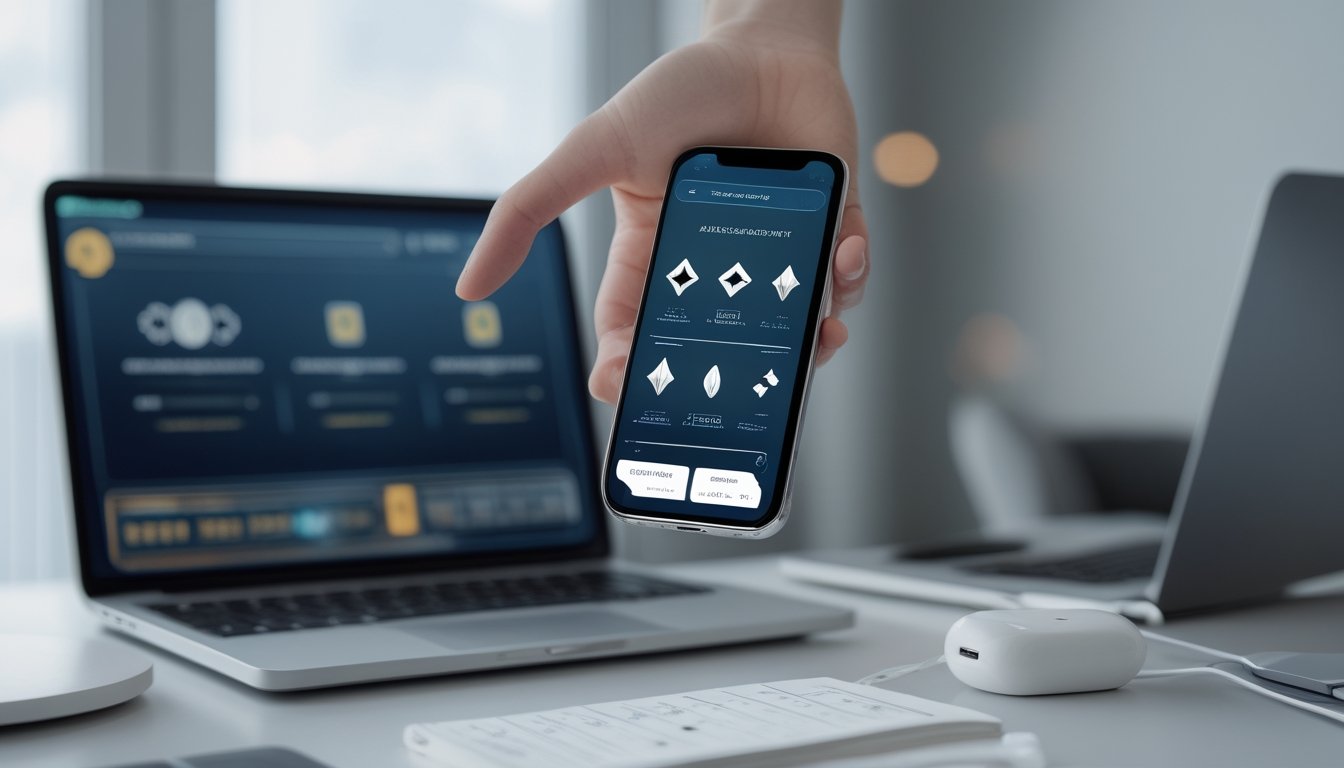 Seseorang menyiapkan ponsel dan perangkat lain di meja untuk mengakses layanan baccarat online.