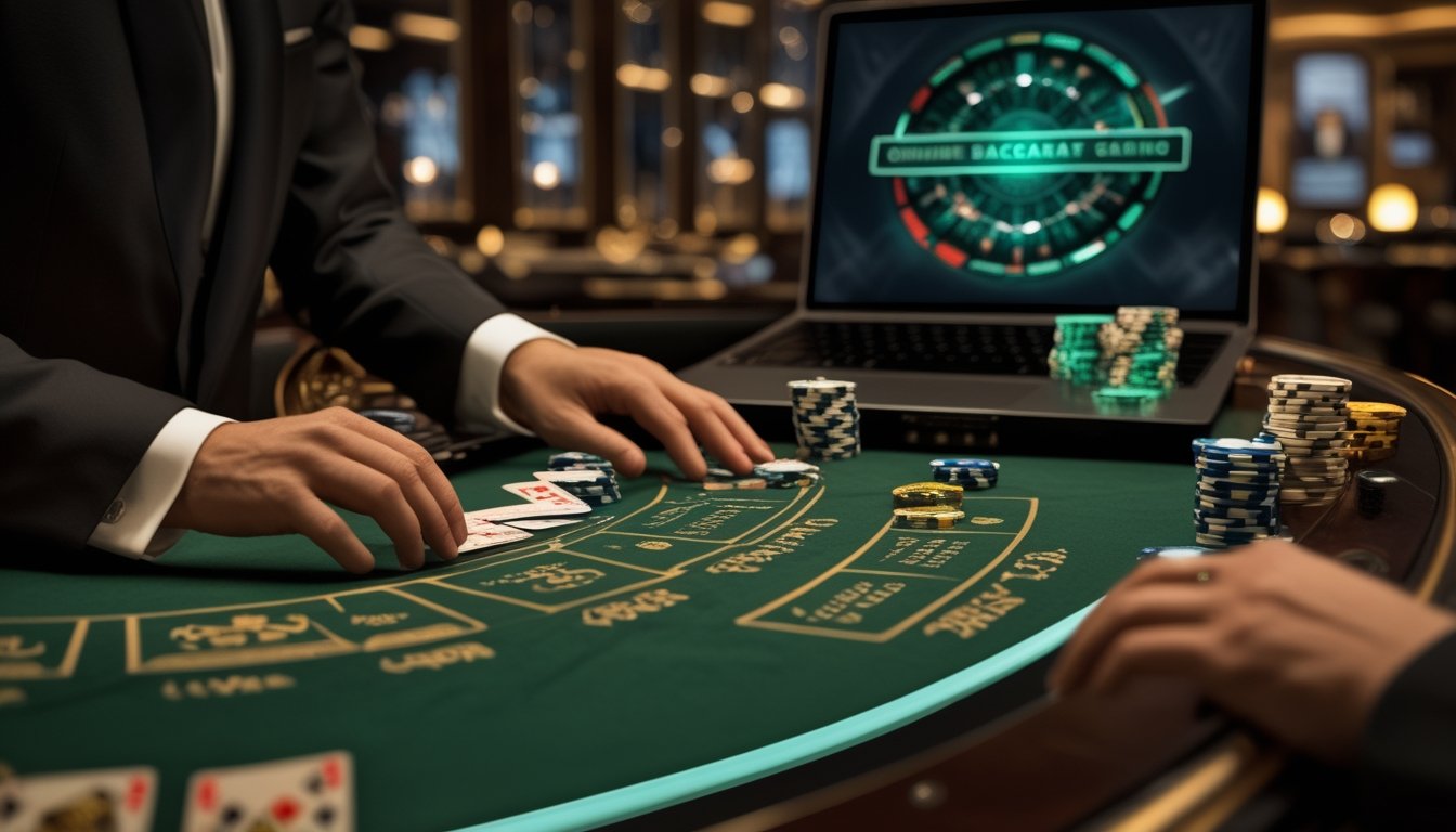 Meja baccarat elegan dengan kartu dan chip kasino di ruangan bergaya mewah.