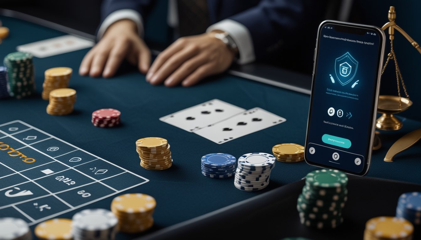 Meja baccarat dengan kartu, chip kasino, dan perangkat digital disertai simbol verifikasi keamanan.