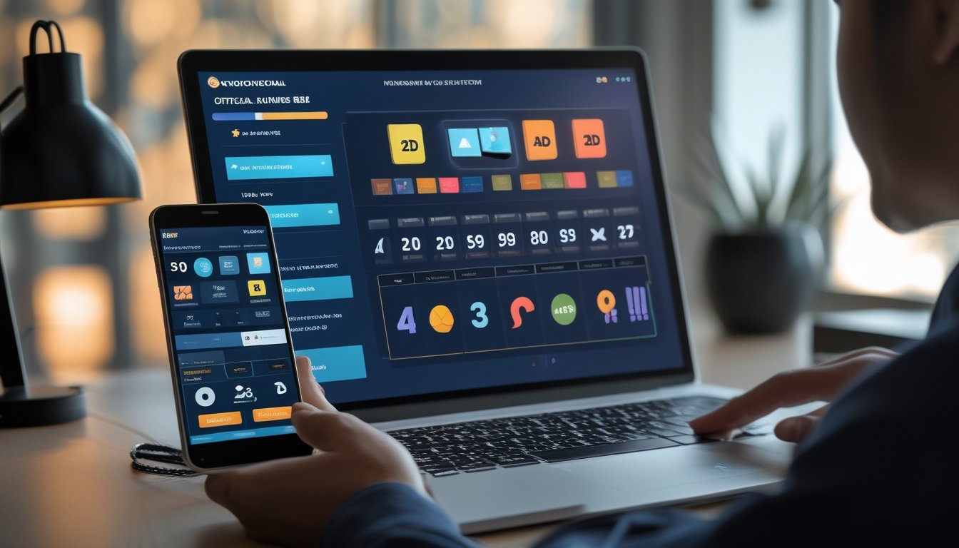 Seseorang menggunakan ponsel dan laptop untuk mengakses platform permainan angka digital di meja kerja modern.
