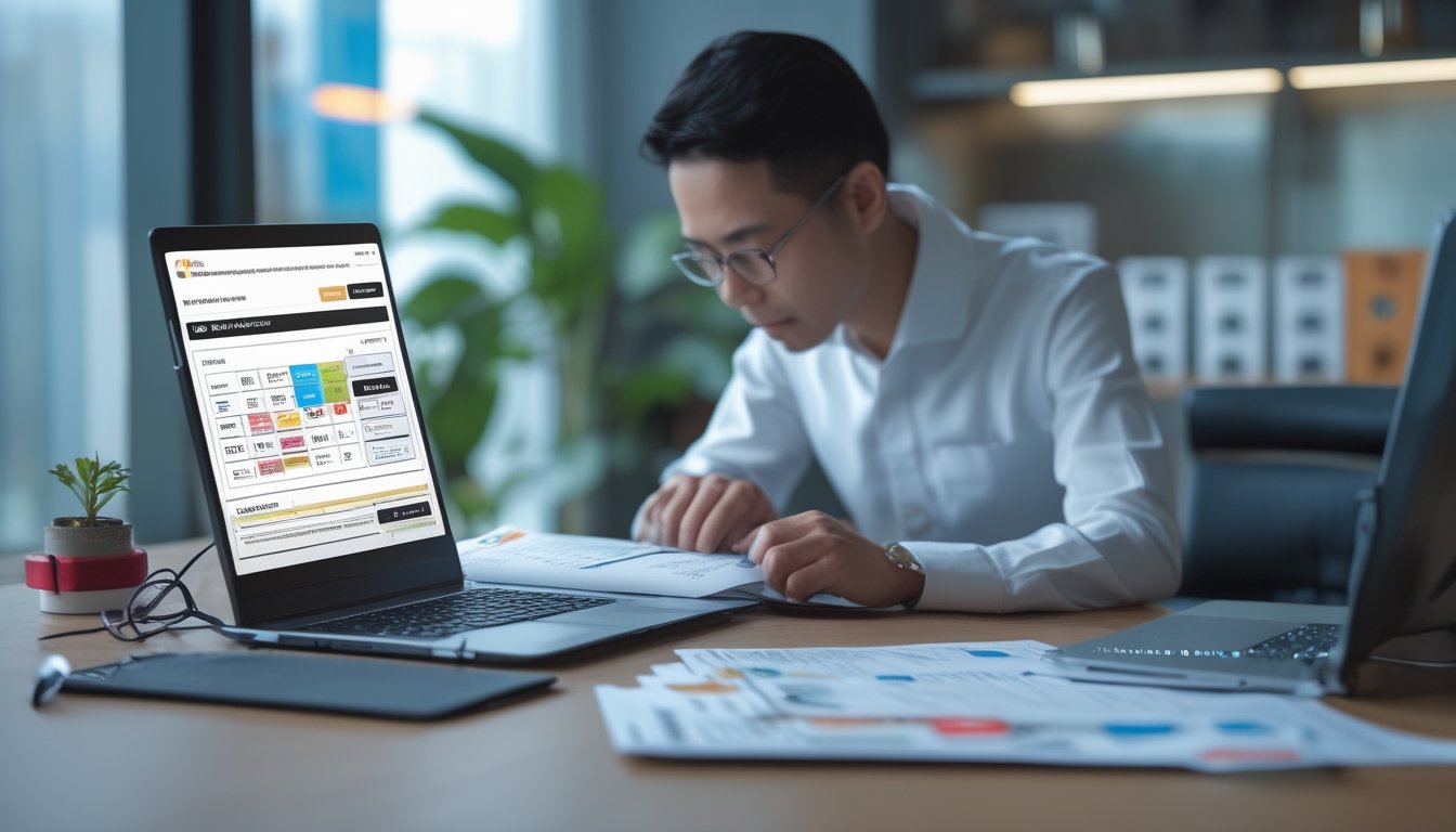 Seorang peneliti hukum Indonesia meninjau dokumen dan perangkat digital terkait regulasi permainan togel daring.