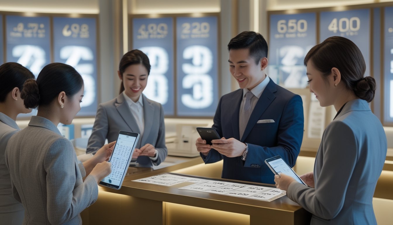 Pelanggan memeriksa tiket undian dan hasil angka di kantor layanan modern bersama petugas.