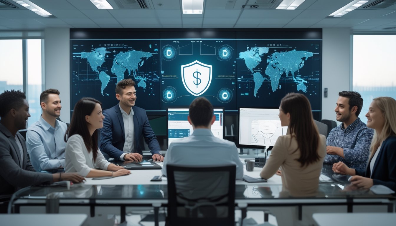 Tim profesional bekerja bersama di kantor modern dengan layar berisi visualisasi data dan koneksi global.