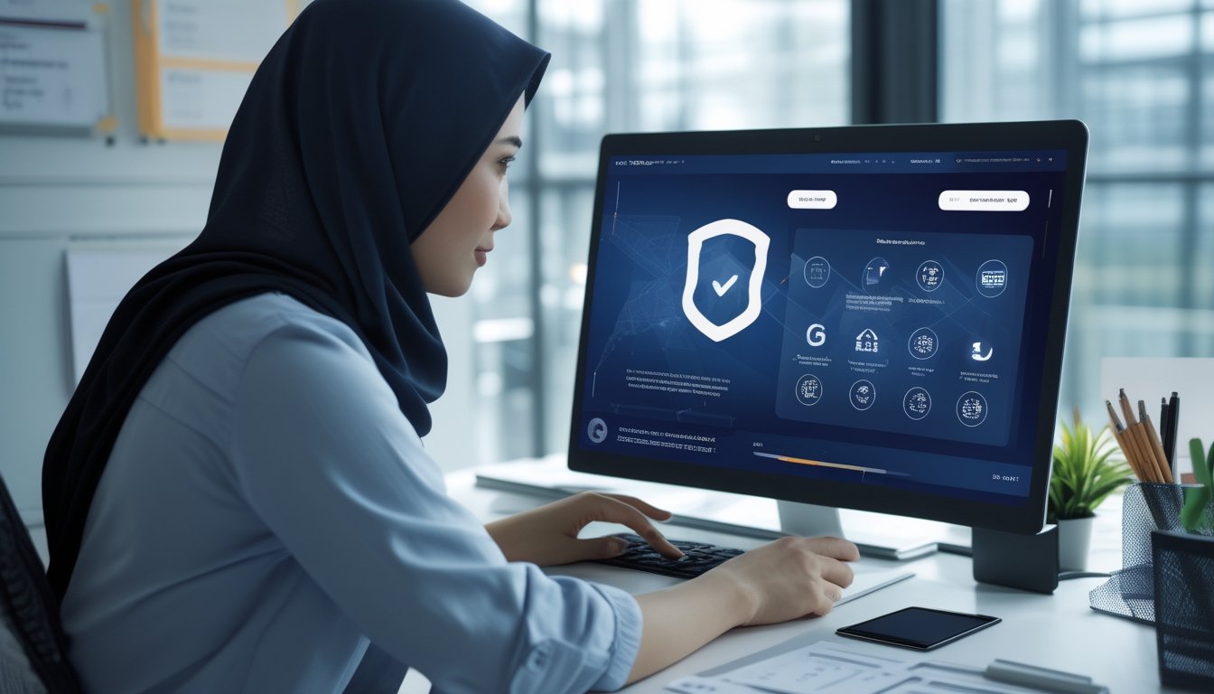 Seorang profesional menggunakan laptop dengan simbol verifikasi dan keamanan pada layar di ruang kerja modern.