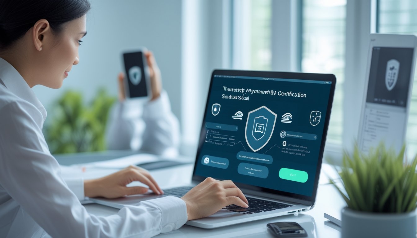 Pengguna memeriksa platform digital aman dengan simbol verifikasi dan pembayaran dompet elektronik.