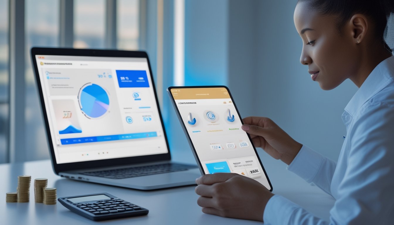 Seorang profesional dewasa meninjau data abstrak pada tablet di meja kerja modern dengan laptop dan perlengkapan analisis.