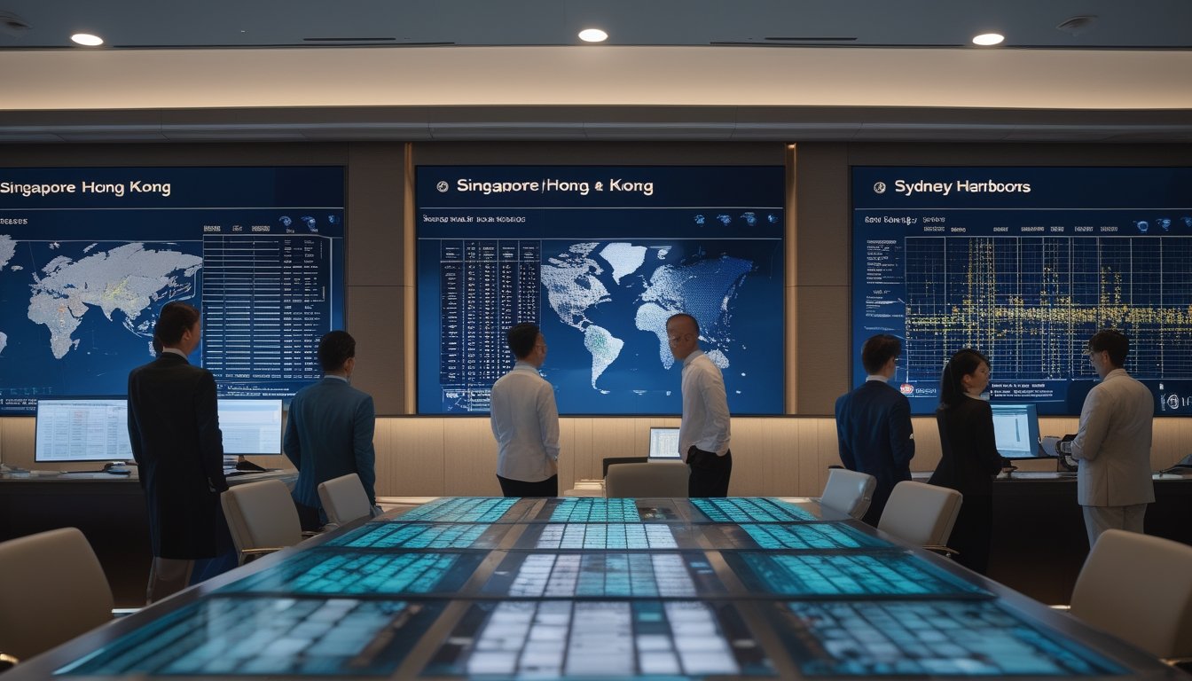 Profesional sedang meninjau data undian digital dengan latar skyline Singapura, Hong Kong, dan Sydney.