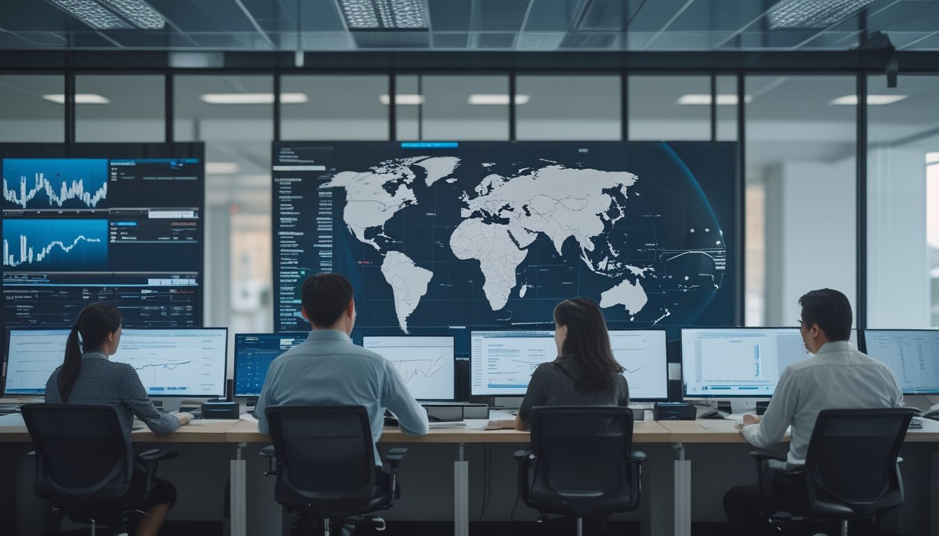 Tim profesional menganalisis data pasar internasional dengan latar peta dunia dan siluet kota Singapura, Hong Kong, serta Sydney.