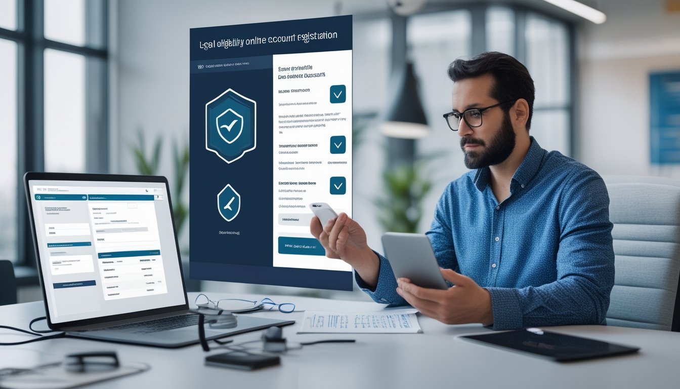Orang dewasa memeriksa proses verifikasi akun digital yang aman di meja kerja.