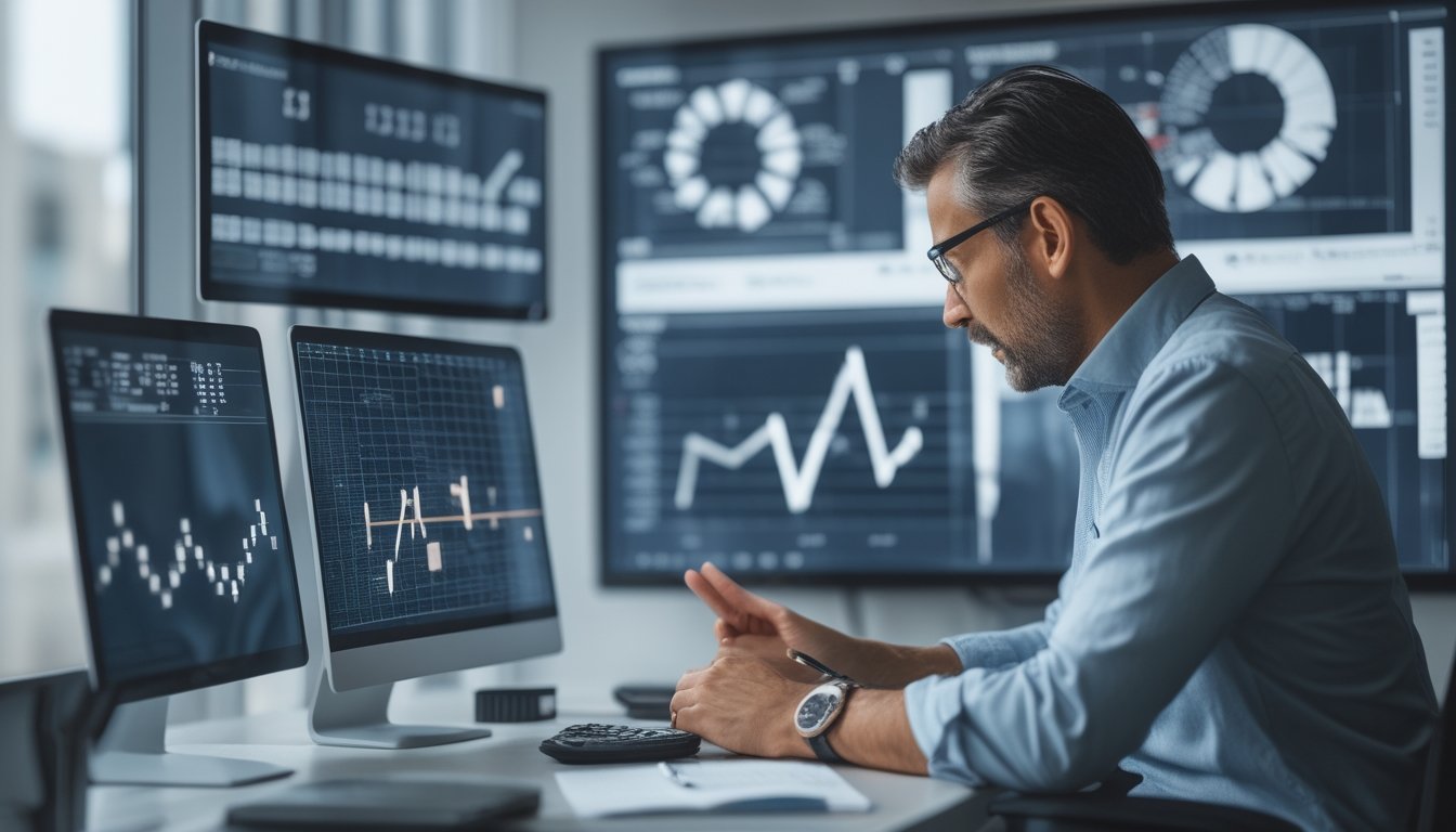 Seorang analis memeriksa pola angka dan grafik probabilitas di ruang kerja modern.