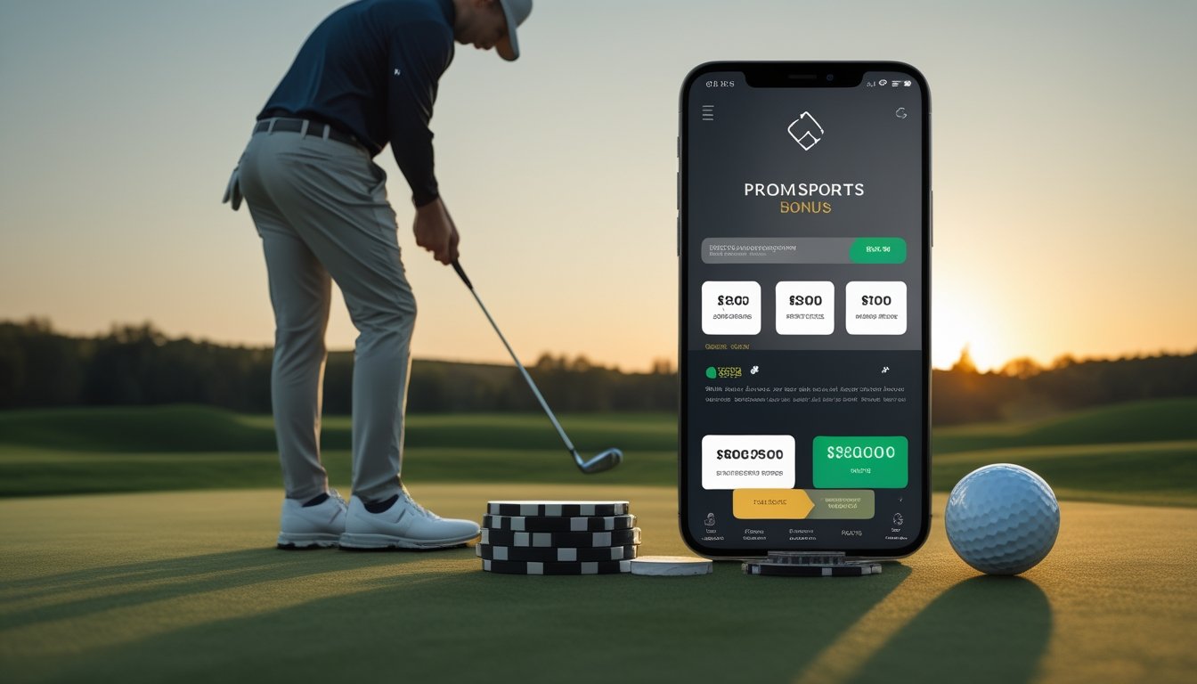 Pegolf dewasa menggunakan ponsel di lapangan golf dengan koin dan bola golf di dekatnya.