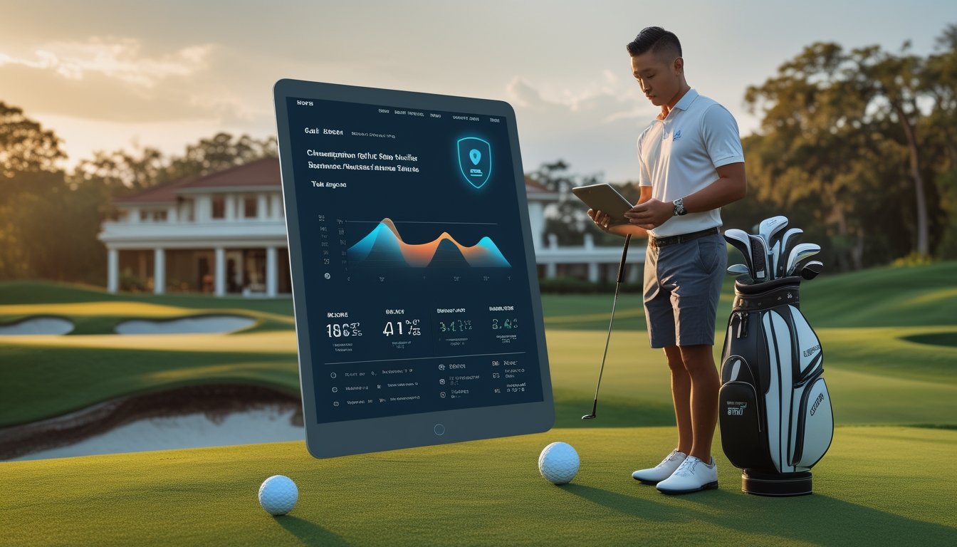 Seorang pegolf mempelajari analisis lapangan melalui tablet di tepi lapangan golf yang terawat.