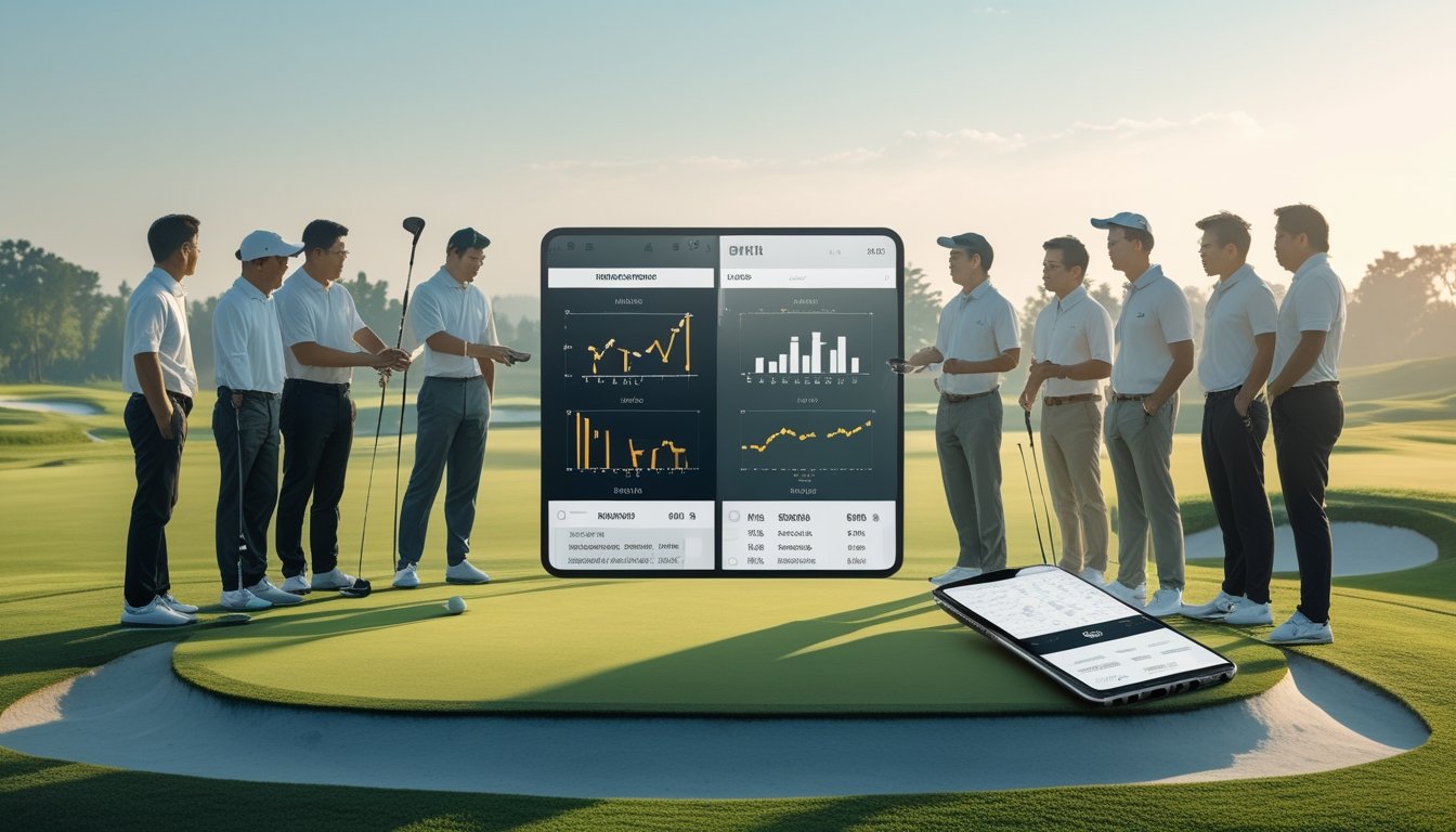 Sekelompok orang menganalisis strategi taruhan golf di lapangan golf.