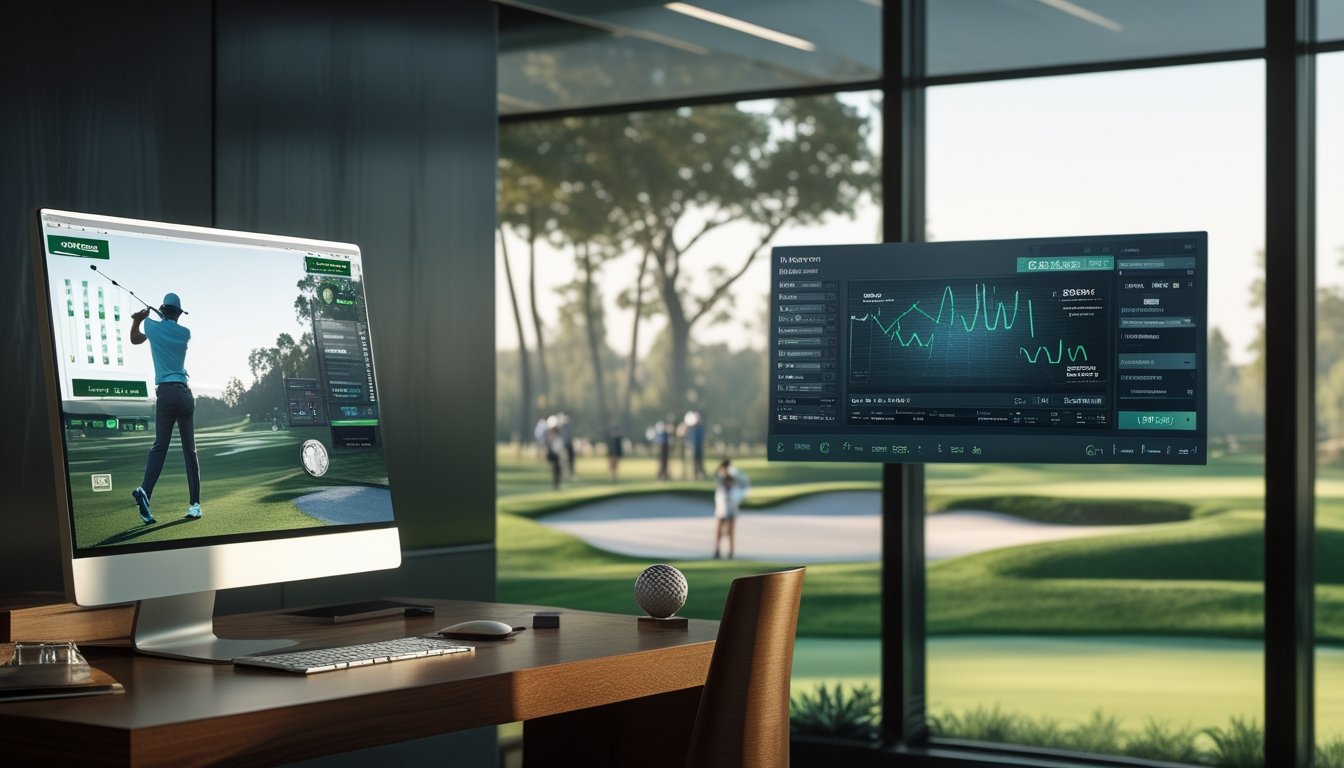Pegolf profesional bersiap melakukan pukulan di lapangan turnamen dengan monitor analisis golf di meja depan.