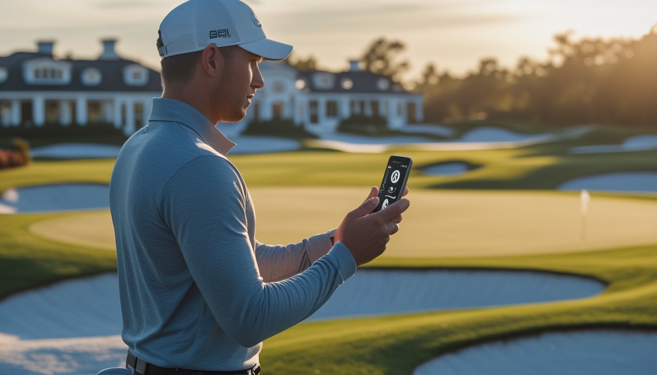 Pegolf berdiri di lapangan golf yang terawat sambil memegang ponsel.