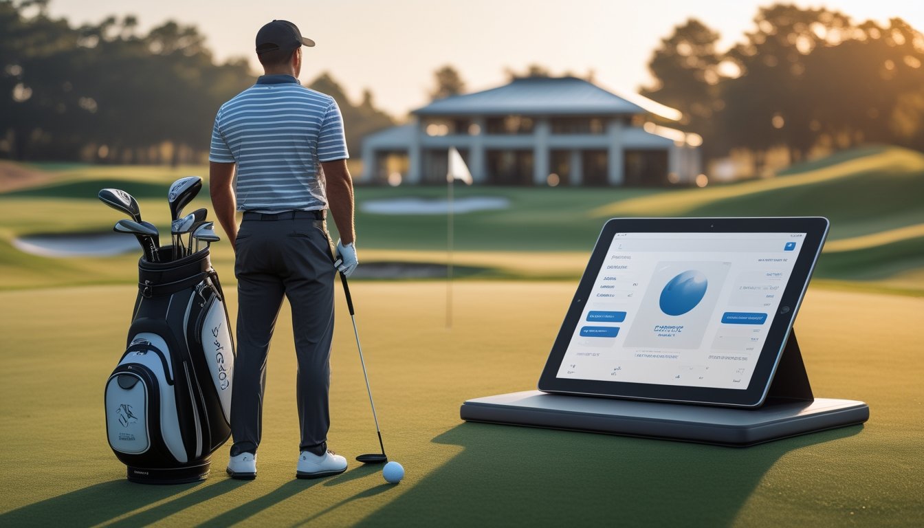 Pegolf berdiri percaya diri di lapangan golf yang terawat sambil mengamati arah pukulan.