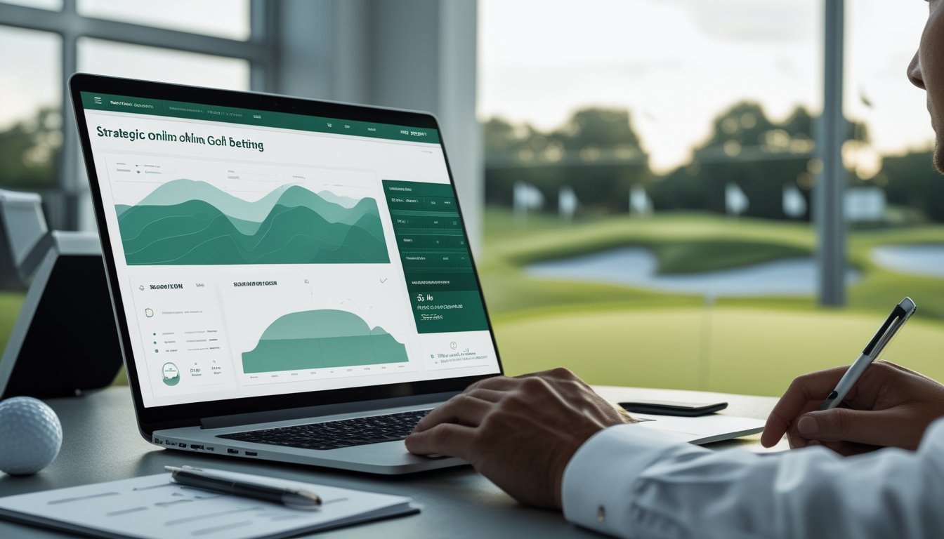 Seorang analis mempelajari statistik turnamen golf di meja kerja dengan lapangan golf terlihat di latar belakang.