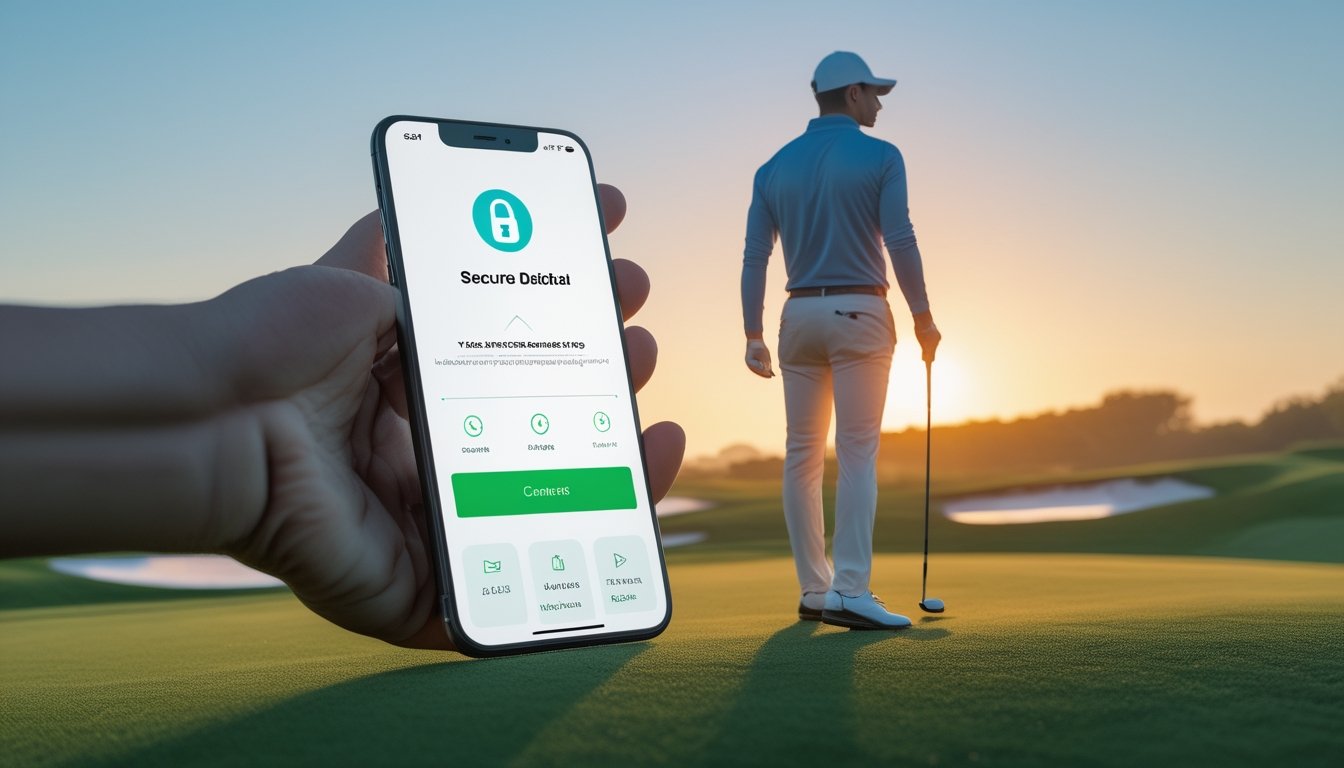 Pegolf berdiri di lapangan golf sambil memegang ponsel dengan tampilan pembayaran digital yang aman.