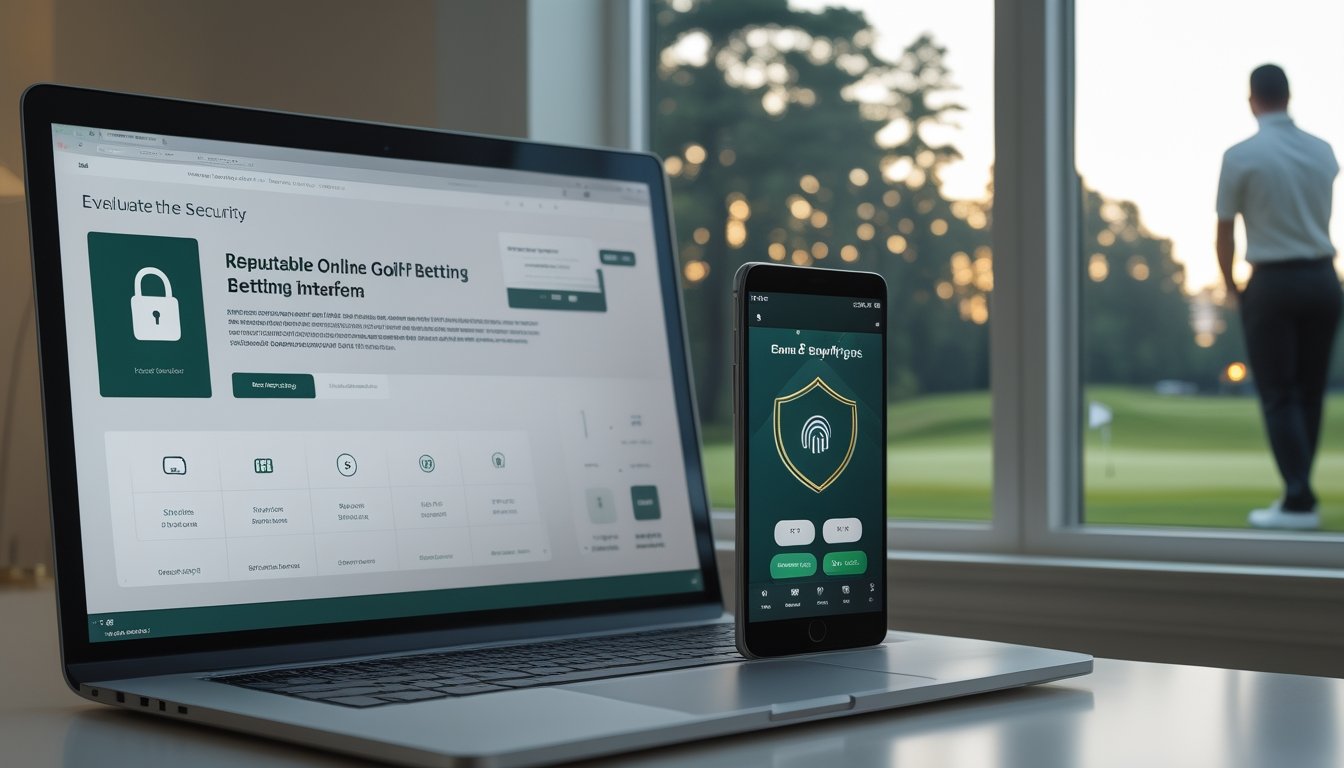 Seseorang memeriksa keamanan platform taruhan golf dan transaksi dompet elektronik di laptop dan ponsel, dengan lapangan golf di latar belakang.