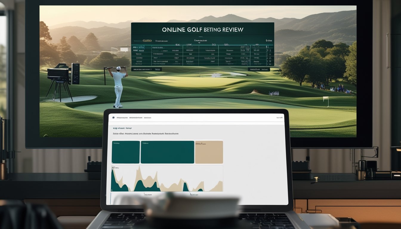 Layar menampilkan pertandingan golf besar secara langsung dengan perangkat digital dan suasana studio modern.