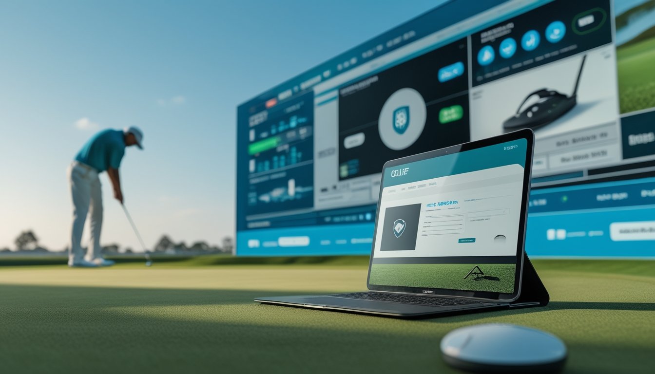 Pegolf profesional bersiap memukul bola di lapangan turnamen, dengan perangkat digital yang menampilkan siaran langsung golf di latar depan.