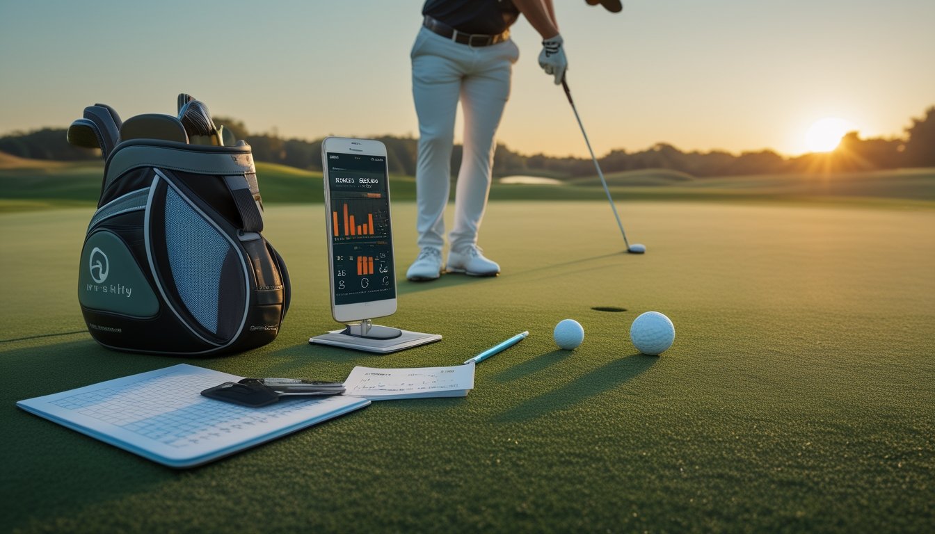 Pegolf bersiap memukul bola di lapangan golf dengan ponsel dan perlengkapan analisis di dekat tas golf.
