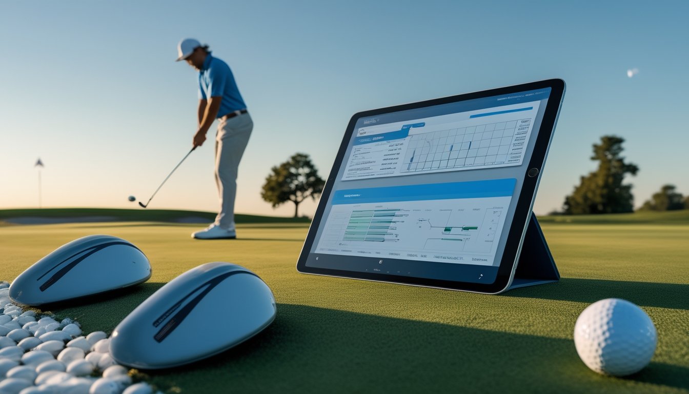 Pegolf bersiap melakukan pukulan di lapangan golf dengan perangkat digital yang menampilkan grafik abstrak.