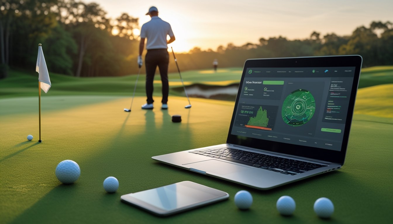 Pegolf memeriksa perangkat digital di lapangan golf yang hijau dan cerah.