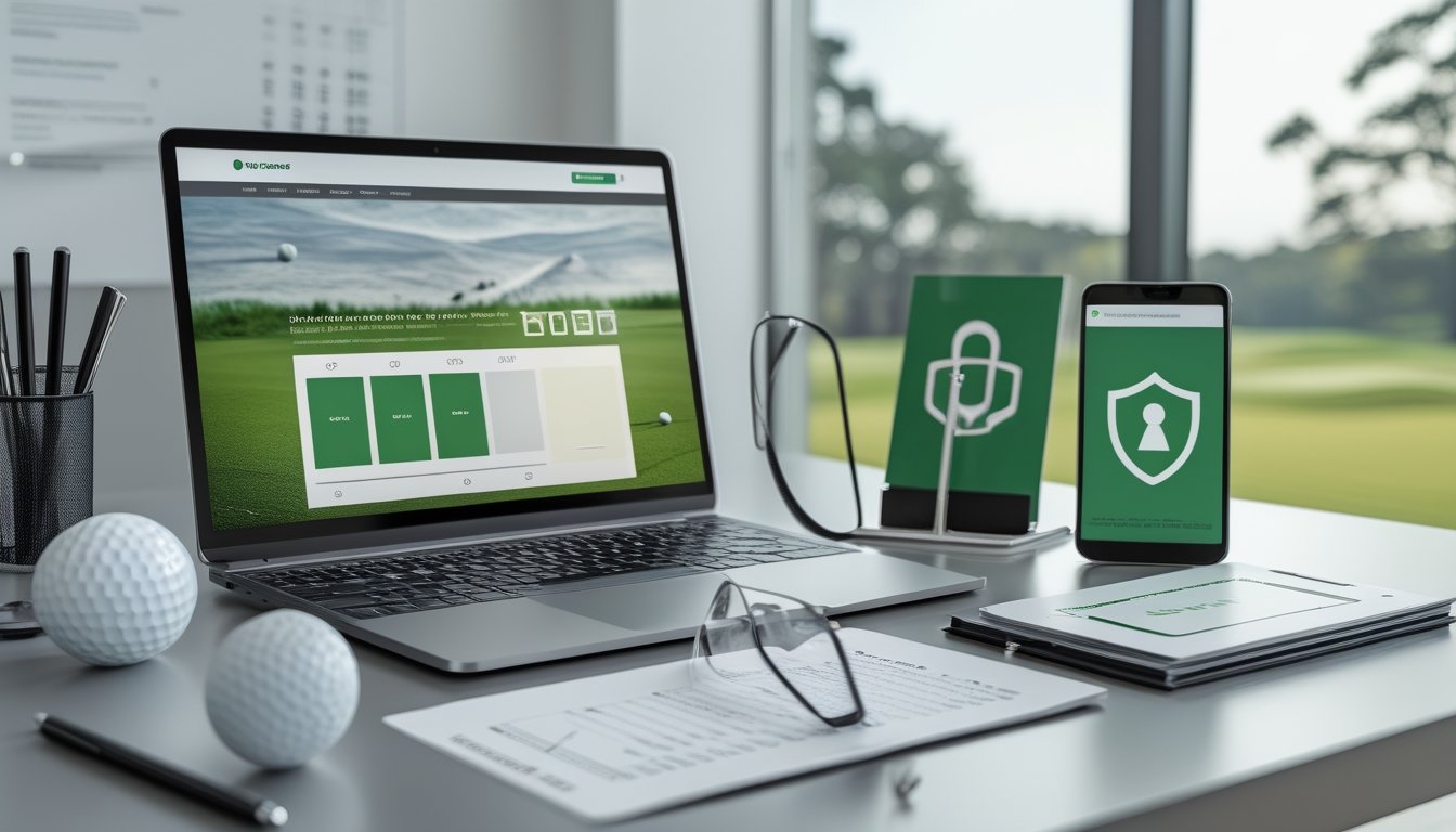 Meja kerja dengan laptop berisi tampilan situs golf generik, dokumen pemeriksaan, simbol keamanan, dan perlengkapan golf.