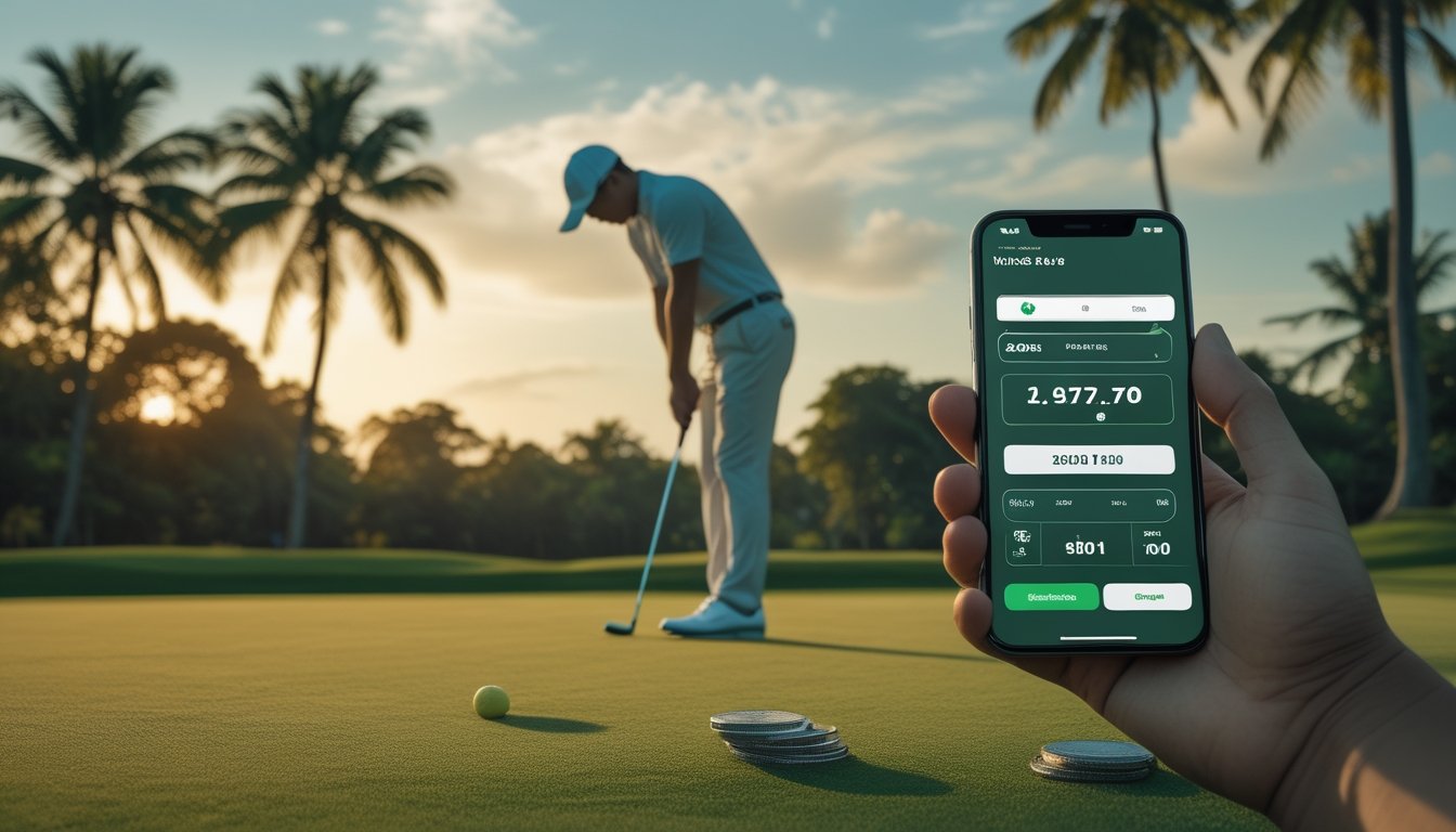 Pegolf bersiap memukul bola di lapangan golf hijau dengan ponsel di latar depan.