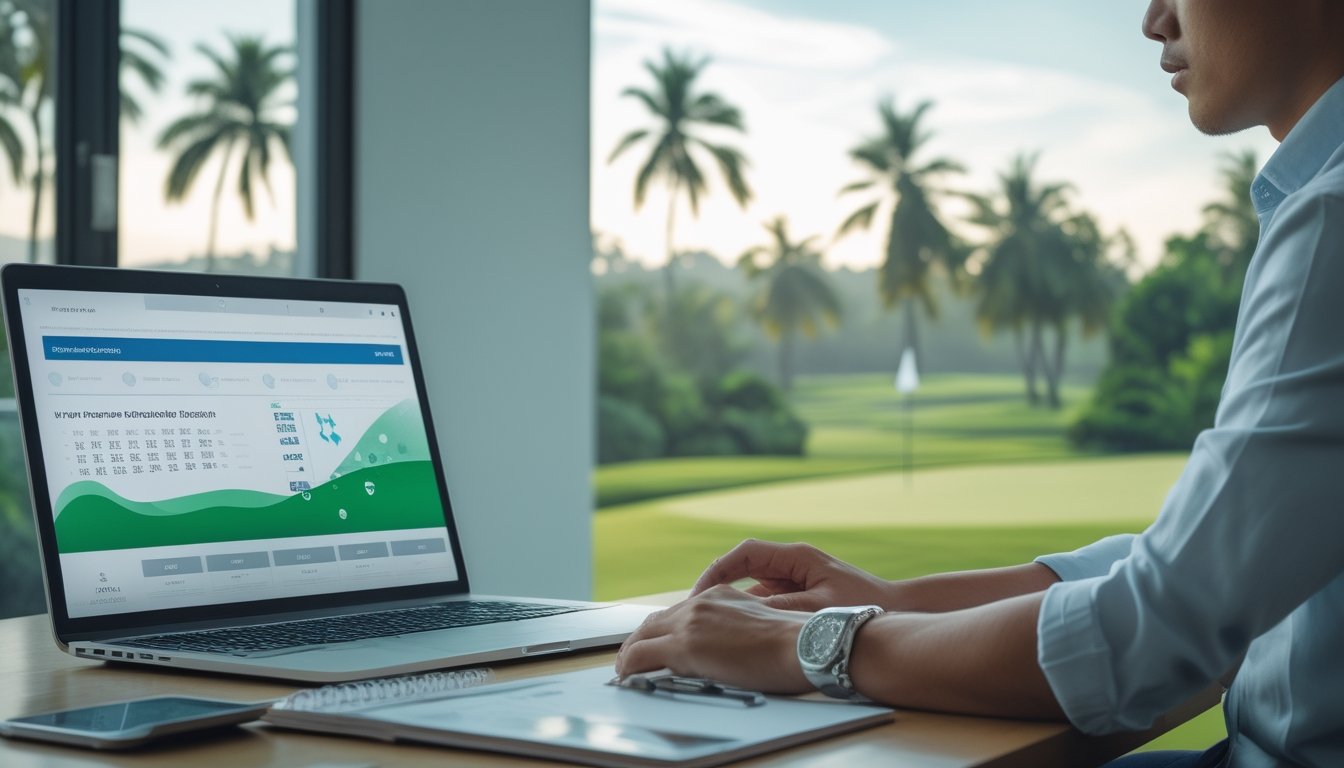 Pengguna Indonesia meninjau informasi golf di laptop dan ponsel di ruang kerja dengan pemandangan lapangan golf.