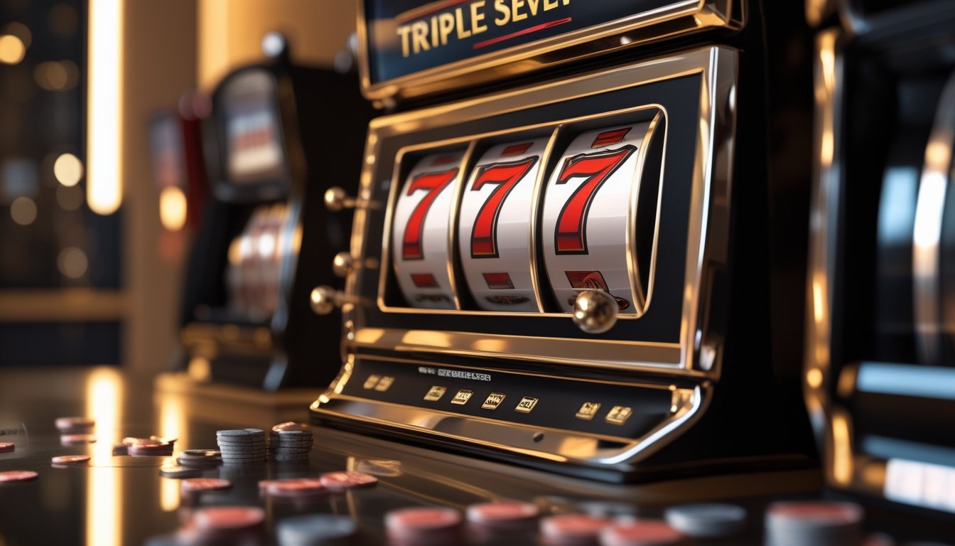 Mesin slot modern dengan tiga simbol angka tujuh menyala dan keping kasino di latar bernuansa merah serta emas.