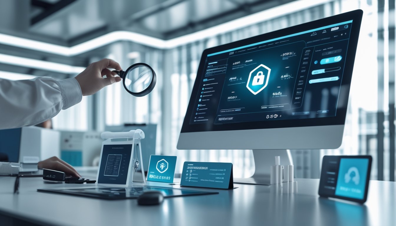 Seorang analis memeriksa keamanan platform digital di depan komputer dengan simbol perisai, gembok, dan daftar verifikasi.