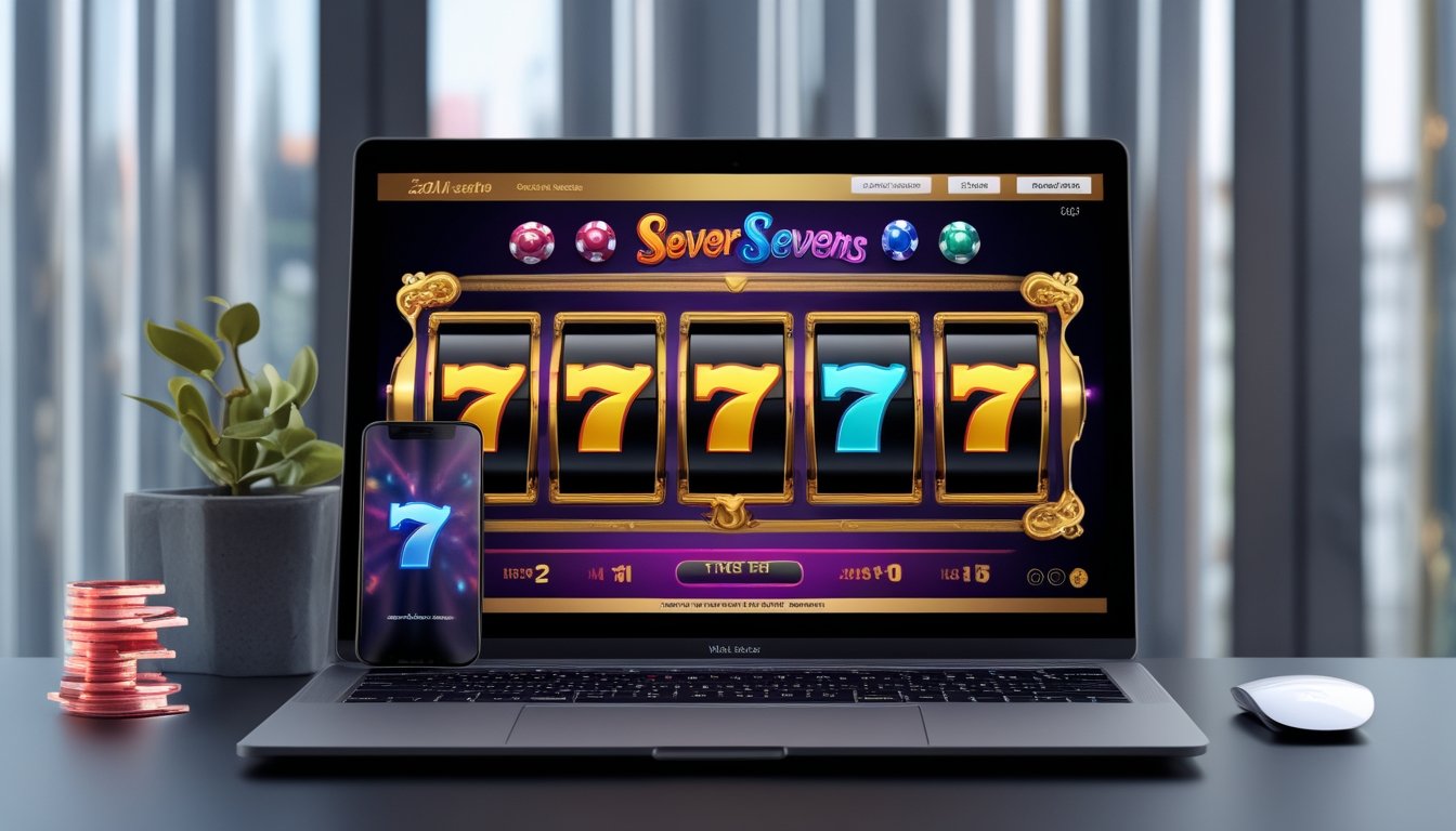 Perangkat laptop dan ponsel menampilkan permainan slot digital dengan tiga simbol tujuh yang serasi di meja modern.