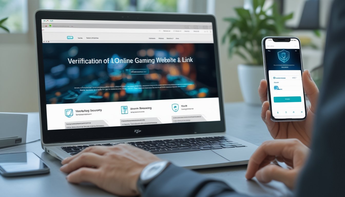 Seseorang memeriksa keamanan situs web menggunakan laptop, ponsel, simbol perisai, dan gembok.