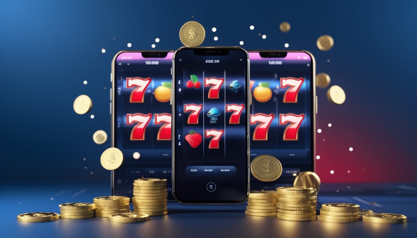 Ponsel menampilkan permainan slot dengan tiga angka tujuh merah, dikelilingi koin emas di atas latar biru dan merah.