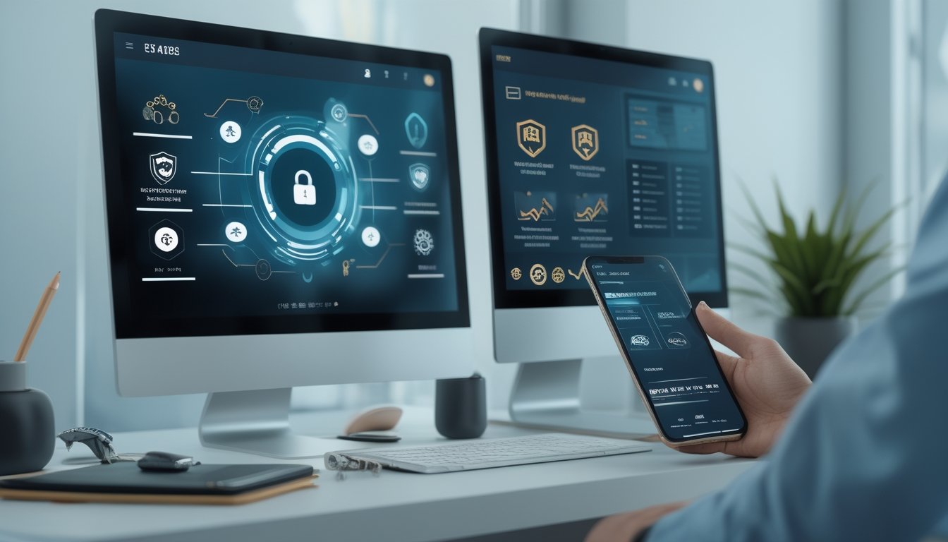 Seseorang meninjau keamanan dan fitur platform online melalui laptop dan ponsel di meja kerja.