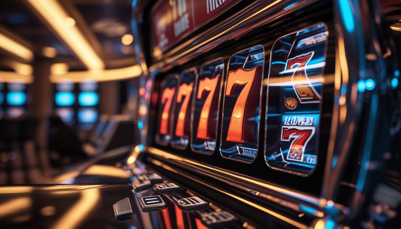 Mesin slot modern dengan tiga simbol angka tujuh merah yang sejajar dan bercahaya.