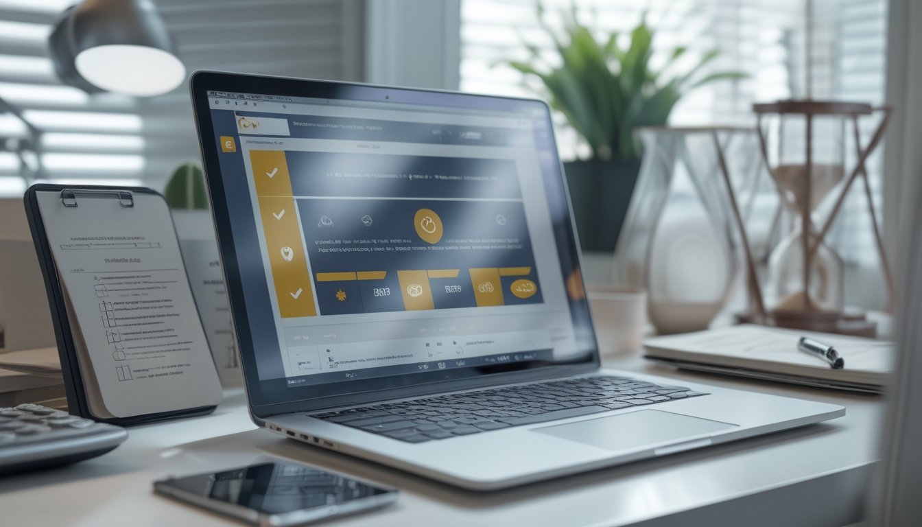 Orang dewasa memeriksa persyaratan pendaftaran dan perlindungan data di meja kerja dengan laptop, kartu identitas yang diburamkan, kalkulator, dan simbol perisai.