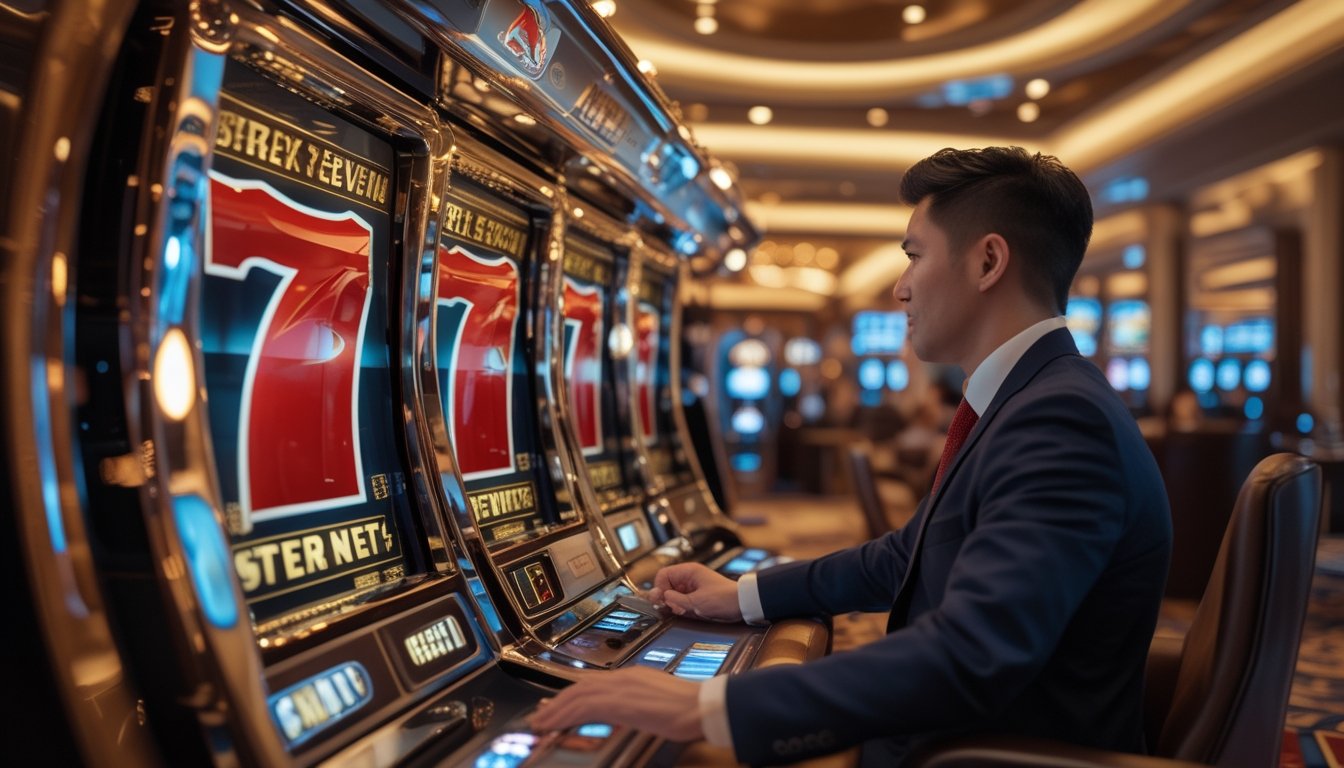 Pemain berinteraksi dengan mesin slot yang menampilkan tiga angka tujuh dalam suasana lounge mewah.