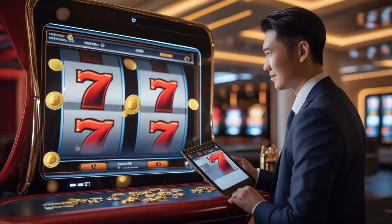 Profesional Asia menggunakan tablet di ruang permainan modern dengan tampilan mesin slot tiga angka tujuh merah.