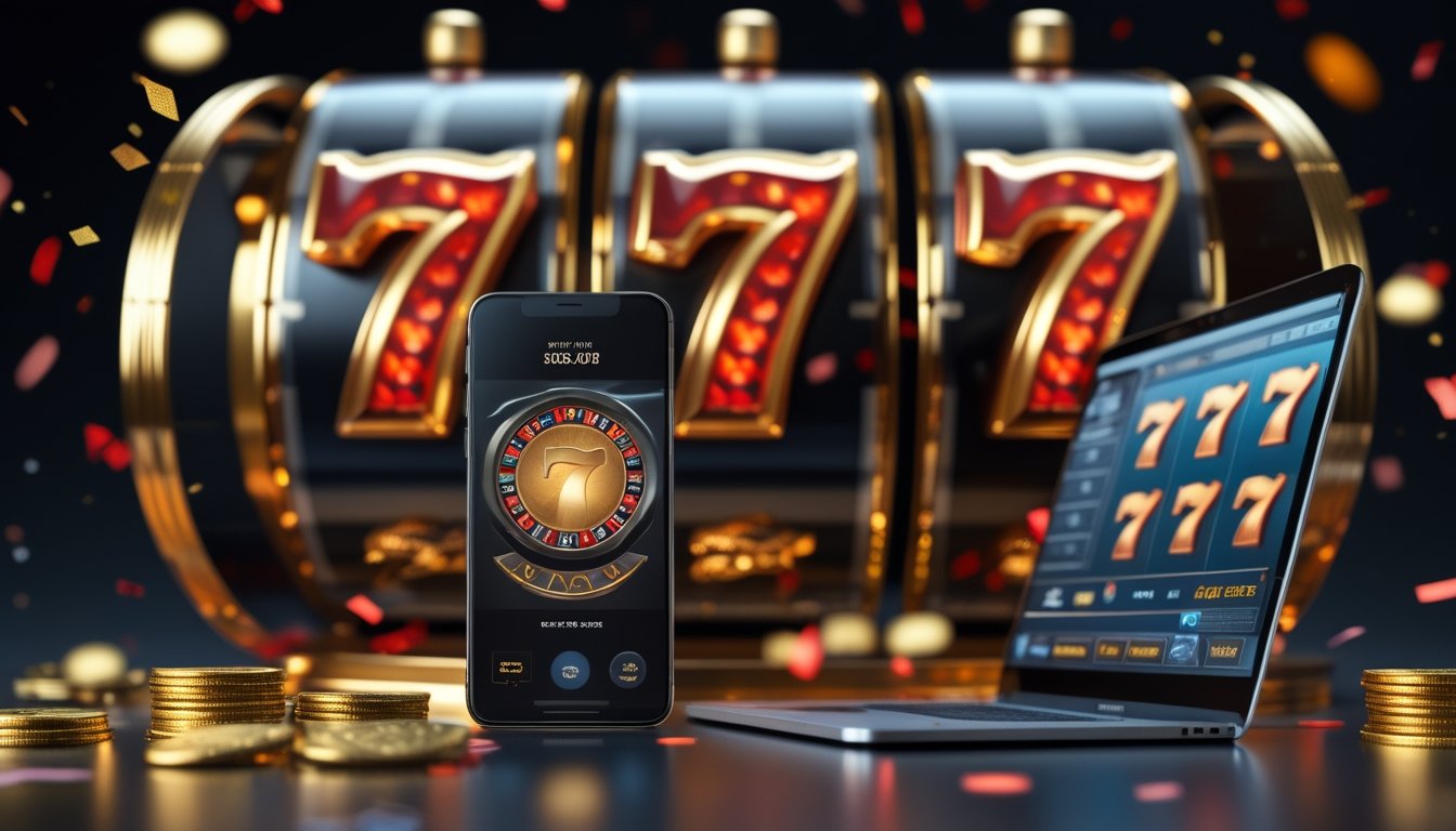 Tiga angka tujuh merah dan emas di antara koin emas serta perangkat digital dengan tampilan permainan yang buram.