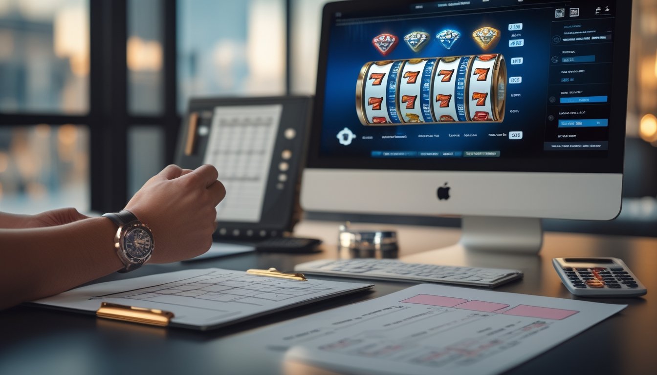 Seseorang menilai pilihan situs slot menggunakan komputer, daftar periksa, kalkulator, dan ponsel.