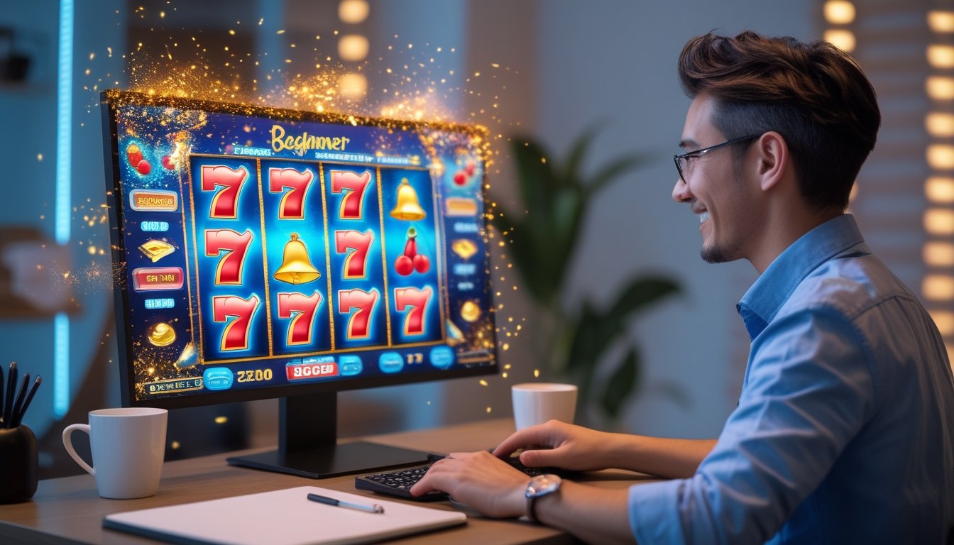 Pemula mempelajari permainan slot online di depan komputer dengan simbol tujuh dan efek cahaya berwarna-warni.