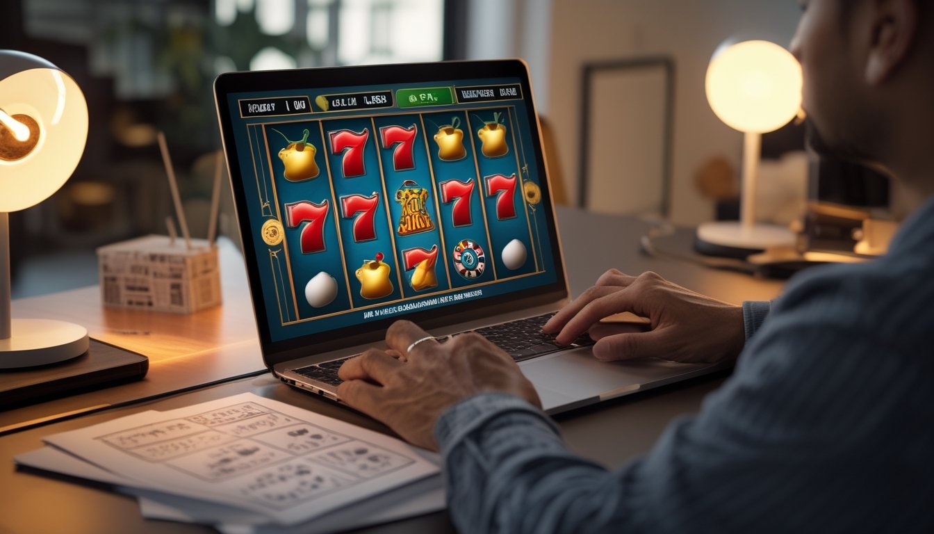 Pemula mempelajari permainan slot digital bertema angka tujuh di laptop.