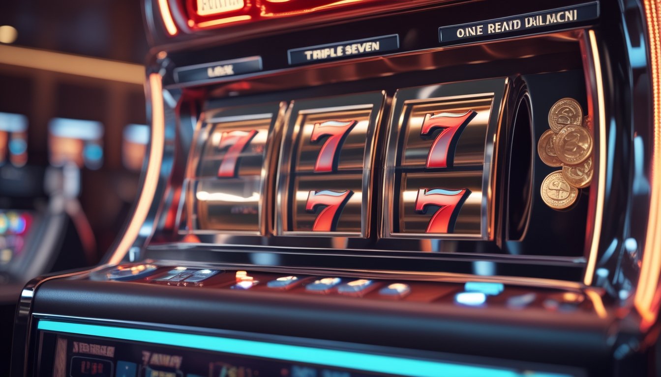 Mesin slot dengan tiga angka tujuh bercahaya di dalam suasana kasino mewah.