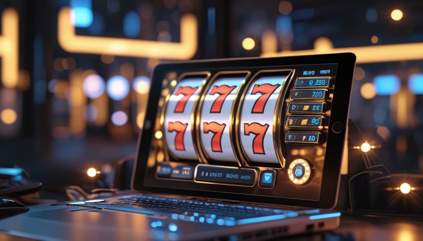 Mesin slot digital bercahaya dengan simbol angka tujuh merah di lingkungan kasino modern pada malam hari.