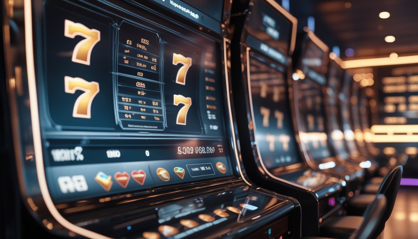 Mesin slot digital bergaya modern dengan simbol tujuh berkilau dan elemen visual yang menggambarkan analisis peluang.