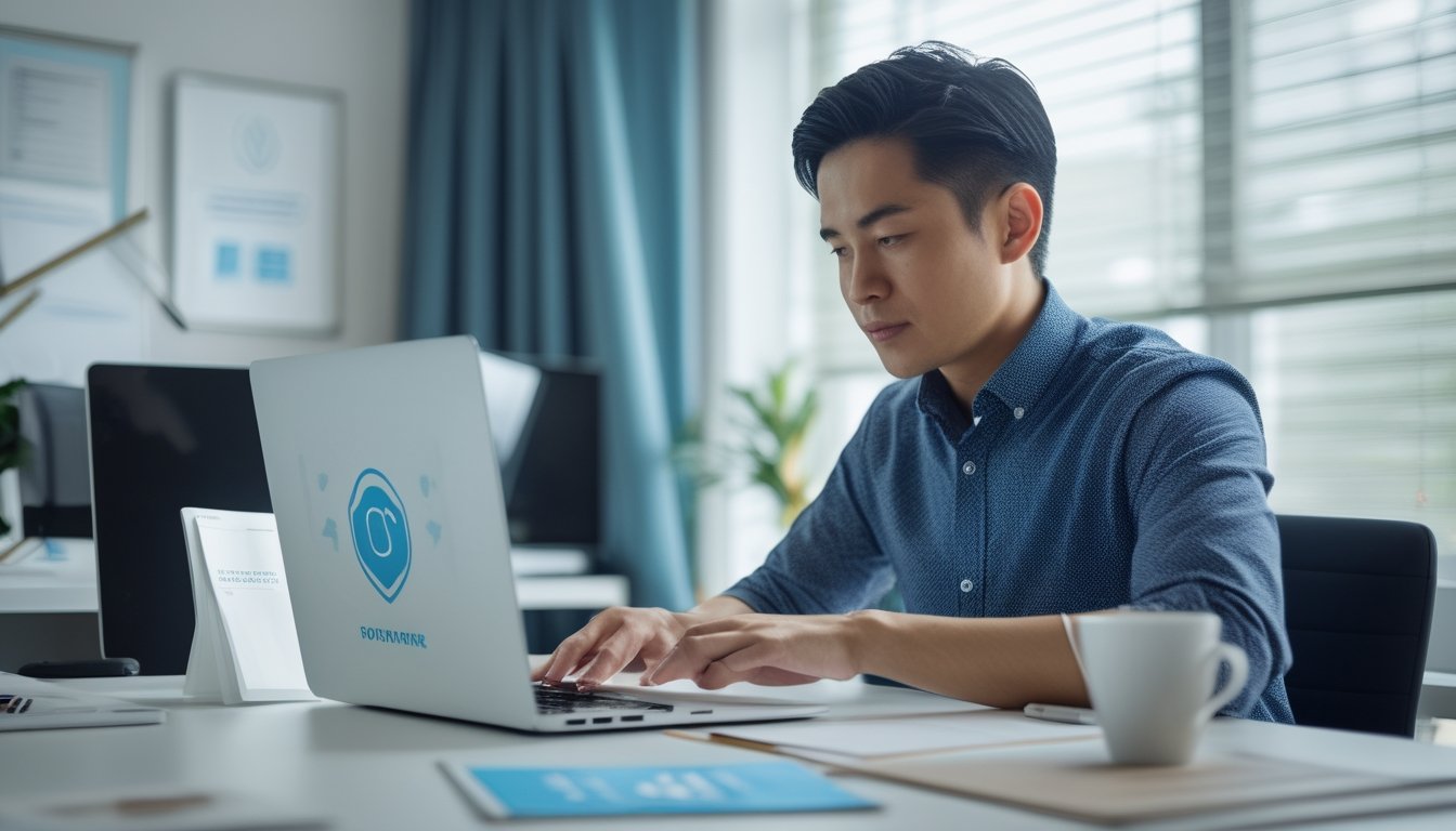 Orang dewasa menyelesaikan proses pendaftaran online di laptop dalam ruang kerja modern dengan simbol keamanan.
